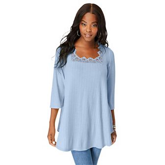 Roaman's Women's Plus Size Squareneck Pointelle Top