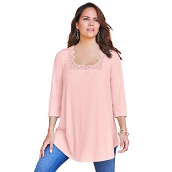 Roaman's Women's Plus Size Squareneck Pointelle Top