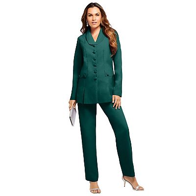 Roaman's Women's Plus Size Long Sleeve Ten-Button Shawl-Collar Pant Suit 2-Piece Pant Set, Size: 36 W, Green