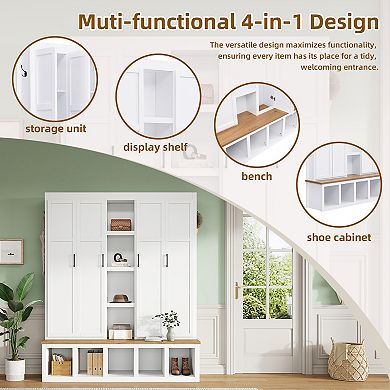 Merax 62.9"W Farmhouse 4-in-1 Hall Tree with 6 Hanging Hooks, Mudroom Wood Grain Bench