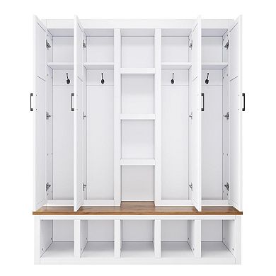 Merax 62.9"W Farmhouse 4-in-1 Hall Tree with 6 Hanging Hooks, Mudroom Wood Grain Bench