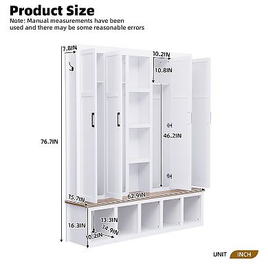 Merax 62.9"W Farmhouse 4-in-1 Hall Tree with 6 Hanging Hooks, Mudroom Wood Grain Bench