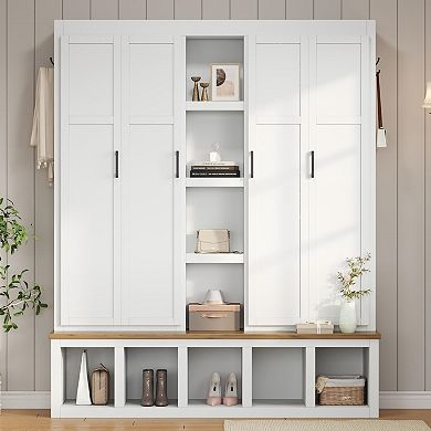 Merax 62.9"W Farmhouse 4-in-1 Hall Tree with 6 Hanging Hooks, Mudroom Wood Grain Bench
