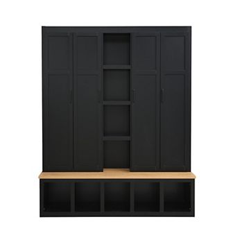 Merax 62.9"W Farmhouse 4-in-1 Hall Tree with 6 Hanging Hooks, Mudroom Wood Grain Bench