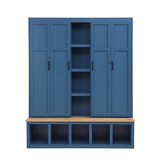 Merax 62.9"W Farmhouse 4-in-1 Hall Tree with 6 Hanging Hooks, Mudroom Wood Grain Bench