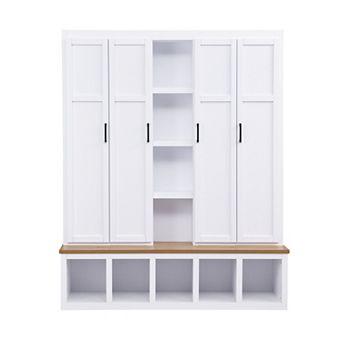 Merax 62.9"W Farmhouse 4-in-1 Hall Tree with 6 Hanging Hooks, Mudroom Wood Grain Bench