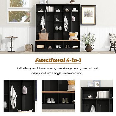 Merax Multifunctional Coat Rack with 8 Hooks for Entryways，Wide Design Hall Tree with Storage Bench