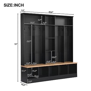 Merax Multifunctional Coat Rack with 8 Hooks for Entryways，Wide Design Hall Tree with Storage Bench