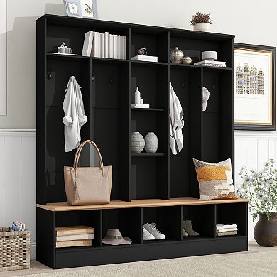 Merax Multifunctional Coat Rack with 8 Hooks for Entryways，Wide Design Hall Tree with Storage Bench