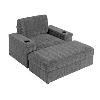 Merax 42" Oversized Chaise Lounge Indoor，Faux Rabbit Fur Sofa Bed with Storage Ottoman