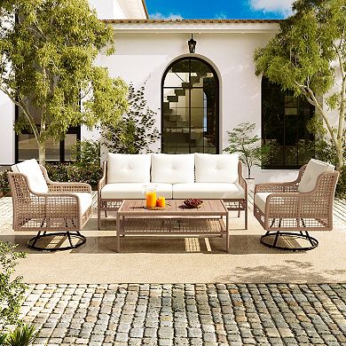 Merax 4 Pieces Patio Furniture Set with Swivel Chairs, Outdoor Wicker Sofas for 5-person