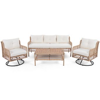 Merax 4 pc Patio Furniture Set with Swivel Chairs, Outdoor Wicker Sofas for 5-person