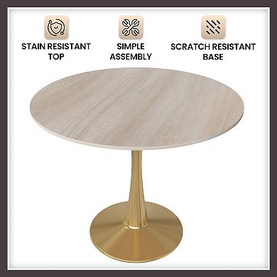 LeisureMod Bristol 31" Round Dining Table Stone Top Accent Café Table Steel Gold Pedestal Base