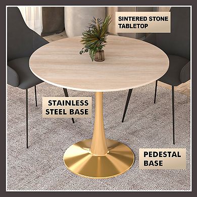 LeisureMod Bristol 31" Round Dining Table Stone Top Accent Café Table Steel Gold Pedestal Base