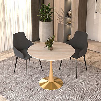 LeisureMod Bristol 31" Round Dining Table Stone Top Accent Café Table Steel Gold Pedestal Base