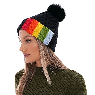Women's Colorful Beanie With Pompom, in Rainbow Colors, Fun Winter Accessory