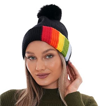 Women's Colorful Beanie With Pompom, in Rainbow Colors, Fun Winter Accessory