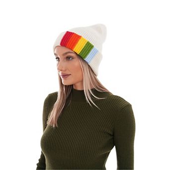 Women's Colorful Beanie With Pompom, in Rainbow Colors, Fun Winter Accessory