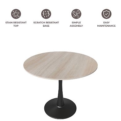 LeisureMod Bristol 35" Round Dining Table Stone Top Accent Café Table Steel Black Pedestal Base