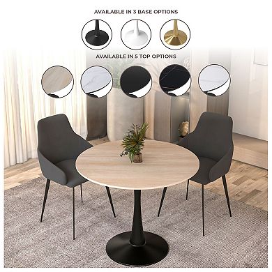 LeisureMod Bristol 35" Round Dining Table Stone Top Accent Café Table Steel Black Pedestal Base