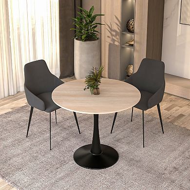 LeisureMod Bristol 35" Round Dining Table Stone Top Accent Café Table Steel Black Pedestal Base