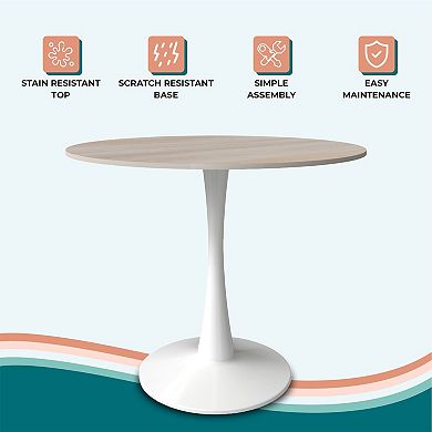 LeisureMod Bristol 31" Round Dining Table Stone Top Accent Café Table Steel White Pedestal Base