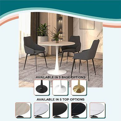 LeisureMod Bristol 31" Round Dining Table Stone Top Accent Café Table Steel White Pedestal Base