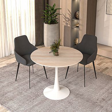 LeisureMod Bristol 31" Round Dining Table Stone Top Accent Café Table Steel White Pedestal Base