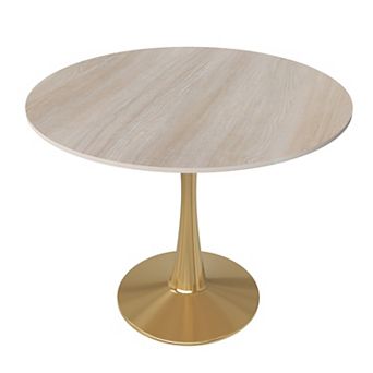 LeisureMod Bristol 35" Round Dining Table Stone Top Accent Café Table Steel Gold Pedestal Base