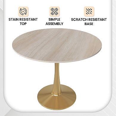 LeisureMod Bristol 35" Round Dining Table Stone Top Accent Café Table Steel Gold Pedestal Base