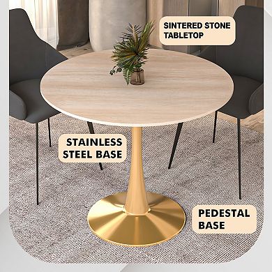LeisureMod Bristol 35" Round Dining Table Stone Top Accent Café Table Steel Gold Pedestal Base