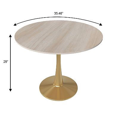 LeisureMod Bristol 35" Round Dining Table Stone Top Accent Café Table Steel Gold Pedestal Base
