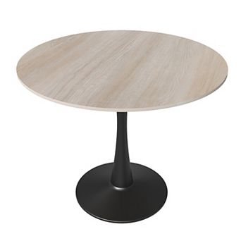 LeisureMod Bristol 31" Round Dining Table Stone Top Accent Café Table Steel Black Pedestal Base
