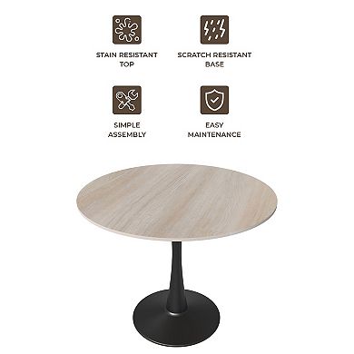 LeisureMod Bristol 31" Round Dining Table Stone Top Accent Café Table Steel Black Pedestal Base
