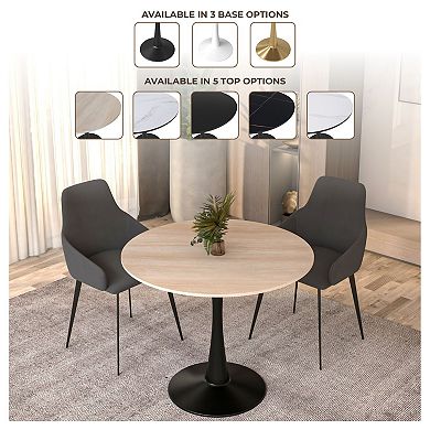 LeisureMod Bristol 31" Round Dining Table Stone Top Accent Café Table Steel Black Pedestal Base