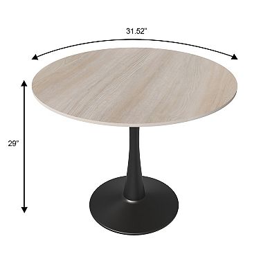 LeisureMod Bristol 31" Round Dining Table Stone Top Accent Café Table Steel Black Pedestal Base