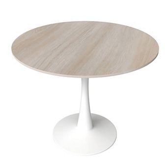 LeisureMod Bristol 35" Round Dining Table Stone Top Accent Café Table Steel White Pedestal Base