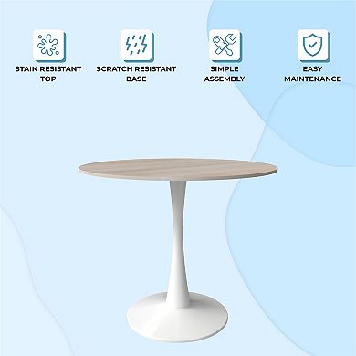 LeisureMod Bristol 35" Round Dining Table Stone Top Accent Café Table Steel White Pedestal Base