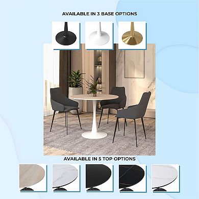 LeisureMod Bristol 35" Round Dining Table Stone Top Accent Café Table Steel White Pedestal Base