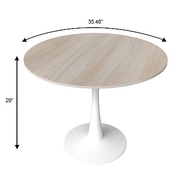 LeisureMod Bristol 35" Round Dining Table Stone Top Accent Café Table Steel White Pedestal Base
