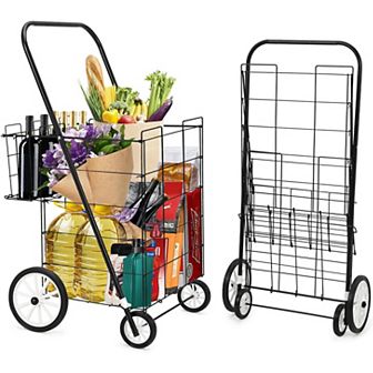 Utility Shopping Cart with Double Basket, for Laundry, Shopping, Luggage Portable Shopping Cart