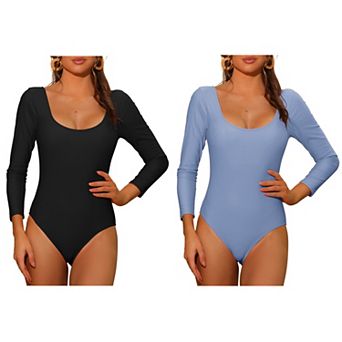 Women's One Piece Long Sleeve Swimsuit, Solid Scoop Neck Backless Basic Rashguard Swimwear 2 pc