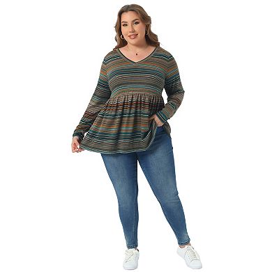 Plus Size Boho Tops for Women V Neck Long Sleeve Colorful Stripe Peplum Knit Tee Shirts
