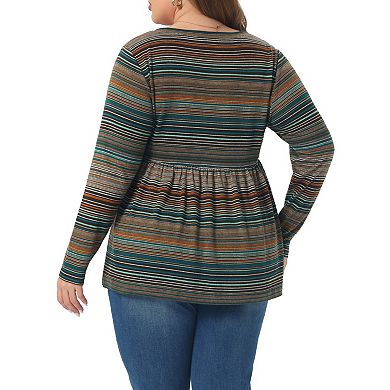 Plus Size Boho Tops for Women V Neck Long Sleeve Colorful Stripe Peplum Knit Tee Shirts