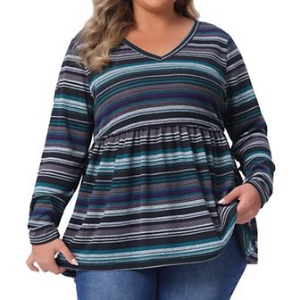 Plus Size Boho Tops for Women V Neck Long Sleeve Colorful Stripe Peplum Knit Tee Shirts