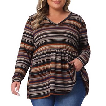 Plus Size Boho Tops for Women V Neck Long Sleeve Colorful Stripe Peplum Knit Tee Shirts