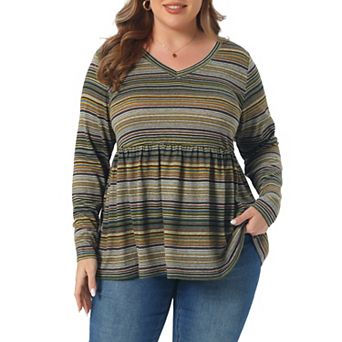 Plus Size Boho Tops for Women V Neck Long Sleeve Colorful Stripe Peplum Knit Tee Shirts