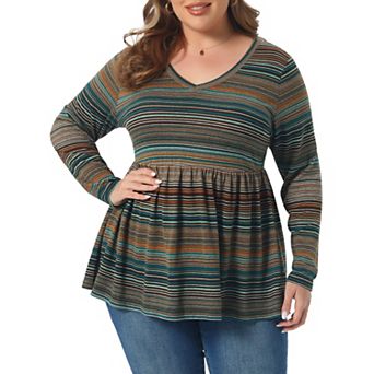 Plus Size Boho Tops for Women V Neck Long Sleeve Colorful Stripe Peplum Knit Tee Shirts