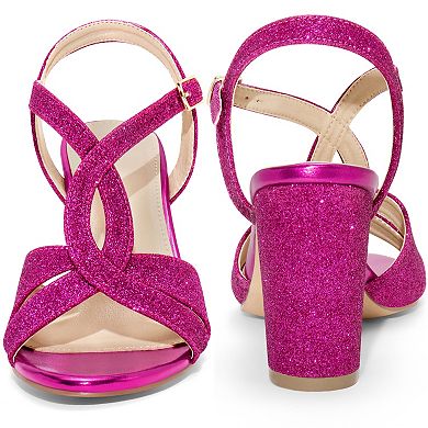 Glitter Sparkly Heels Crisscross Strap Chunky Heel Sandals for Women