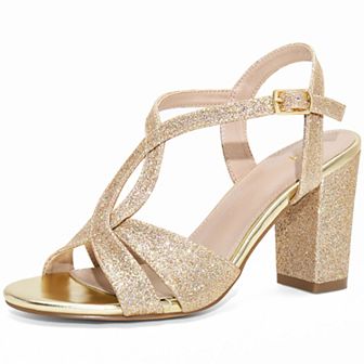 Glitter Sparkly Heels Crisscross Strap Chunky Heel Sandals for Women